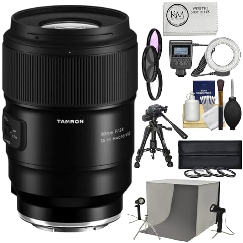 Tamron 90mm f/2.8 Di III VXD Macro Lens | Sony E Bundle with Ring Light + 3-Piece Filter Set + Close Up Filter Set + Portable Studio + Cleaning Kit + Tripod + Cleaning Cloth (8 Items)