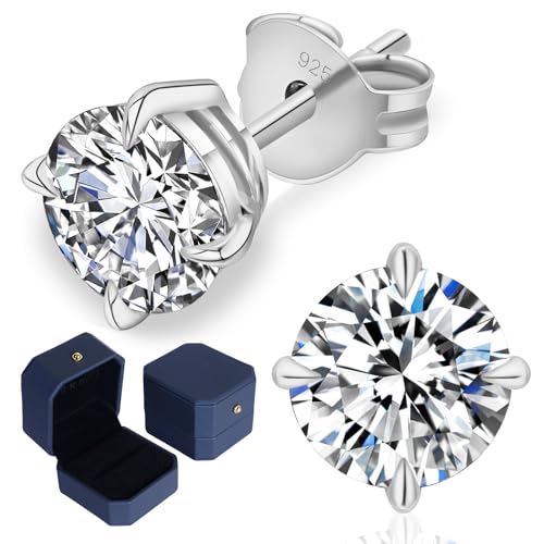 KRKC Moissanite Stud Earrings for Women Men 0.6-3CT Lab Created Diamond Earrings 14K White Gold Plated Hypoallergenic Secure Solitaire Studs Sterling Silver Jewellery Birthday Gift for Wife Mum