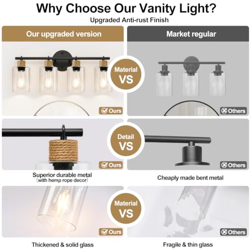 Image of MOKATNG Bathroom Light Fixtures, 4-Light Farmhouse Vanity Lights with Hemp Rope, Black Bathroom Wall Lamp for Mirror Kitchen Hallway Cabinet
