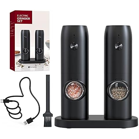CIRCLE JOY Salz und Pfeffermühlen Elektrische 2er Set Wiederaufladbare Gewürzmühle mit Doppelter Ladestation, Bürste, Weißem LED-Licht, und Einstellbarer Grobheit, Schwarz Cover
