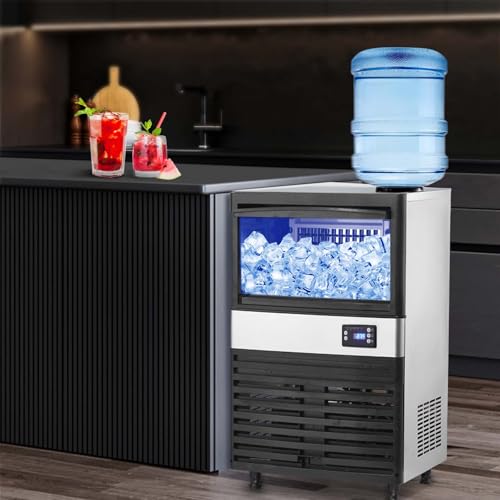Image of Commercial Ice Maker Machine, 120lbs /24H Stainless Steel Under Counter ice Machine with 30lbs Ice Storage Capacity, Freestanding Ice Maker for Home Bar Outdoor, 2 Way Water Inlet