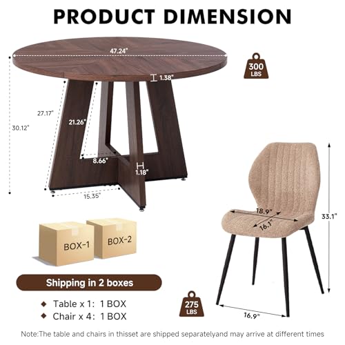 Image of 47 inch Round Dining Table Set for 4, Kitchen Table and Chairs | Wooden Cross Base, Boucle Fabric Chair, for Apartment