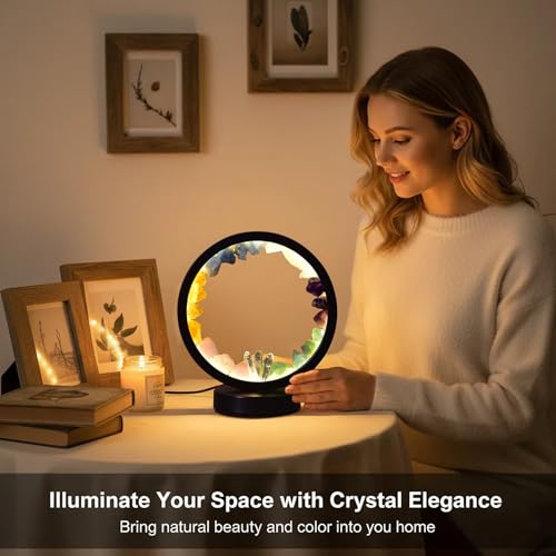 Image of AMOYSTONE Natural Chakra Crystal Night Light with USB, Mixed Stones Round Meditation Lamp with 3-Color Control for Bedroom, Office & Home Decor (Push Button Switch)