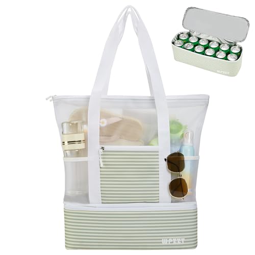 YICHFO Beach Bag for Women, Mesh Tote Bags with Cooler Pool Bag Waterproof Sandproof Beach Vacation Essentials for Pool Swim Cruise