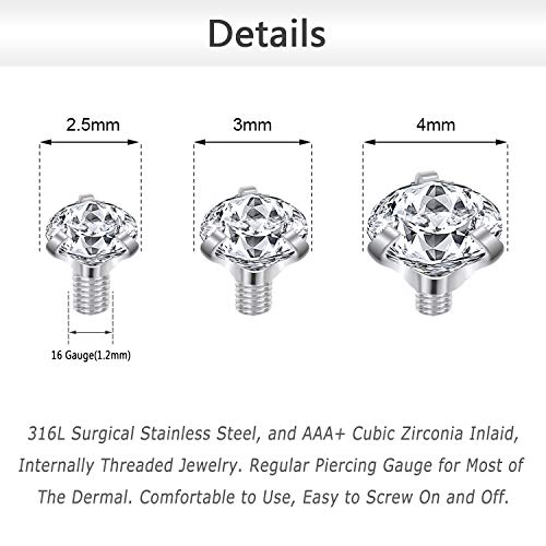 ZS 15Pcs Stainless Steel 16G Dermal Piercing Jewelry 2.5/3/4mm Diamond CZ Dermal Anchor Tops Skin Microdermal Piercing Jewelry for Men Women2