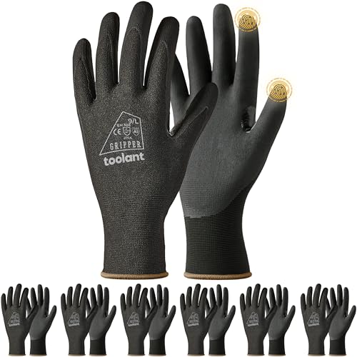 Toolant Gants de travail MicroFoam Gants de sécurité en nylon respirant enduit de nitrile avec coupe en stretchy, poignée ferme & Compatible avec écran tactile, idéal pour le jardinage, Automobile, Entrepôt, Noir (L, 6 Nombre de paires)