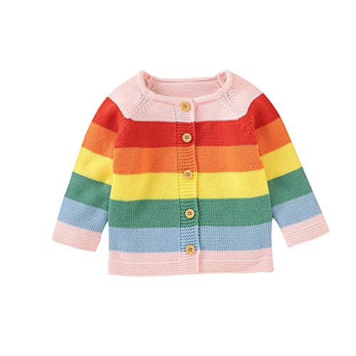 Newborn Baby Girls Boys Knitted Cardigan Casual Long Sleeve Crewneck Rainbow Stripes Button Down Knit Coat Outwear (Light Pink, 3-6 Months) #TOP7