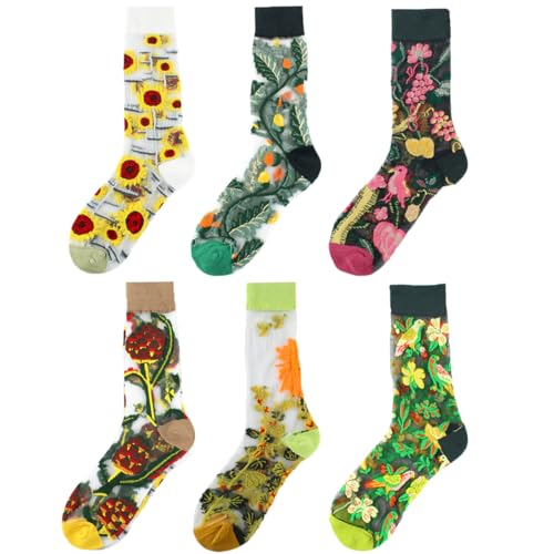 Image of 6 Pairs Women Floral Sheer Socks Elastic See Through Mesh Lace Jacquard Transparent Socks, 5-7.5