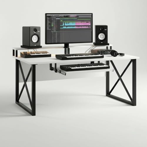 Image of FFO Music Studio Desk | Music Studio Desk with Keyboard Tray | Workstation,Laptop PC Computer, Music Instrument Table for Music Producers | (White) | (120L x 60W x 87H CM) | (DIY)