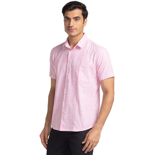 Image of Park Avenue Men's Pure Cotton Chambray Pattern Slim Fit Ainsley Collar Half Sleeve Casual Shirt
