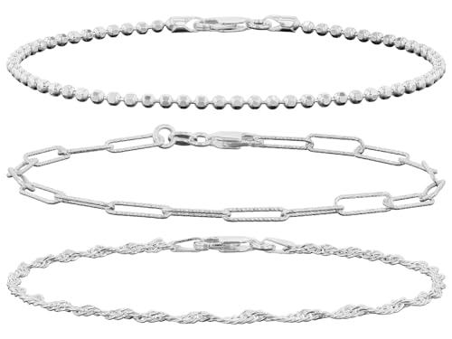 JTV Sterling Silver Bracelet Set for Women - Stackable Set with Diamond-Cut Bead, Paperclip, & Singapore Link Bracelets - Elegant, Durable, Gift-Ready Jewelry - 3-Piece