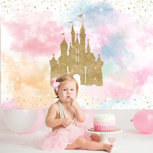 Mocsicka Princess Castle Birthday Backdrop Watercolor Pastel Rainbow Birthday Background Gold Glitter Royal Party Cake Table Decoration Photo Booth Props (7x5ft) by Mocsicka - Image 7