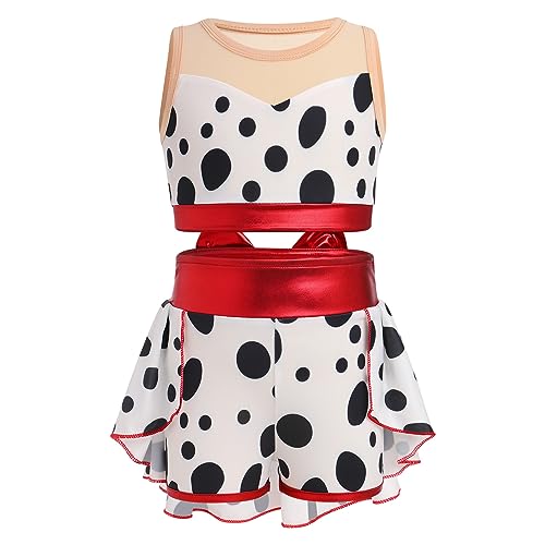 IBAKOM Girls Halloween Ballet Dance Costume Kids Polka Dot Dance Costume Sleeveless Dance Top Red Bow Tulle Ballet Short Dalmatians Ballerina Outfits Acrobat Circus Dance Costume Polka Dot 5-6 Years