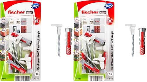 Image of fischer EasyHook Angle K (4), Set of 4 Angled Hook Screws & DuoPower 8 x 40 Plugs, chipboard Screws with Hooks, Flexible Screw Hooks for mounting in numerous Building Materials (Pack of 2)