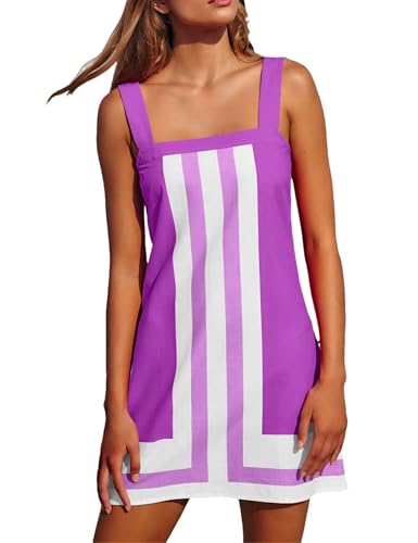 Image of Womens Summer Casual Color Blocked Dresses Striped Mini Dress Sleeveless Strap Beach Sundress Cover Up Dresses