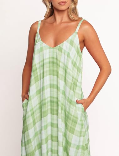 Image of LASPIA Spaghetti Strap Dresses for Women Plaid V Neck Maxi Sundress Beach Long Dress with Pockets