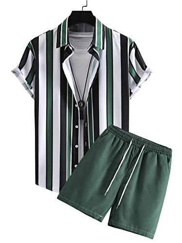 Oyoangle Men's 2 Piece Outfits Short Sleeve Striped Button Down Shirt And Shorts Sets Green M #TOP20