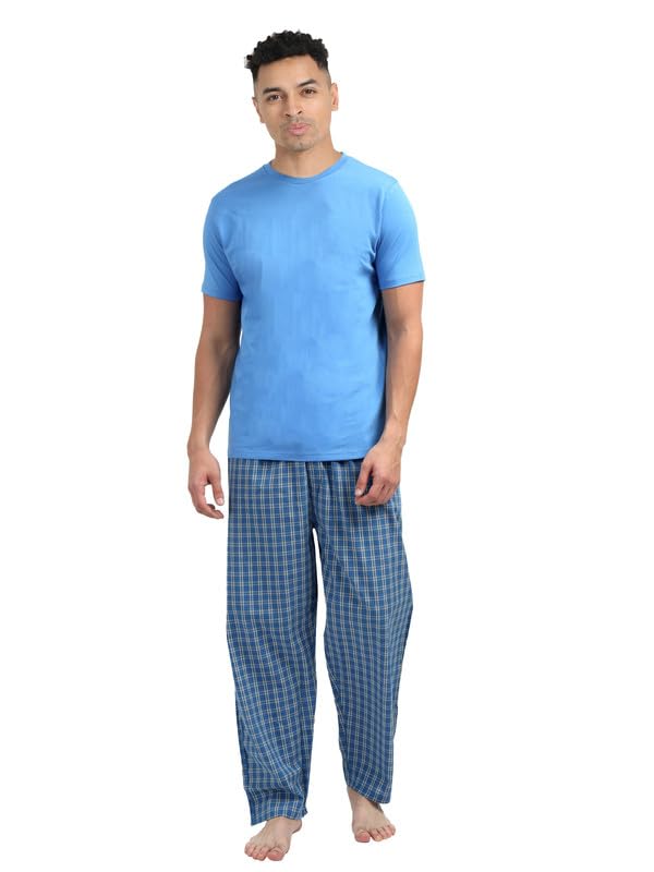 Mens Pyjama Set (Knitted T Shirt + Woven Pant) Blue (UAE/KSA, Alpha, XXL, Regular, Regular, Blue)