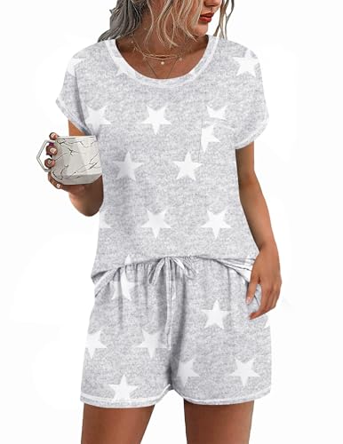 Image of Ekouaer Womens Pajama Sets 2 Piece Soft Short Sleeve Top and Shorts Sleepwear Round Neck Pjs Lounge Set with Pockets