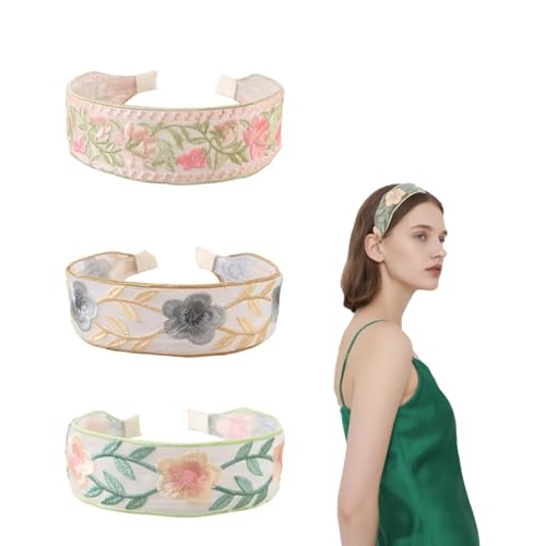 Pejlnd 3Pcs Floral Embroidery Headbands for Women Girls,Rose Embroidery Wide Headband Cute Spring Summer Flower Mesh Headband Turban Hairband Wide Hair Hoops Hair Accessories for Women's Girl's Hairs