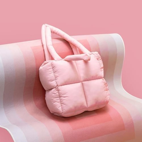 MadGrandeur Puffer Tote Bag Damen Glänzend Gesteppt Reißverschluss Puffy, Daunen Gepolsterte Schultertasche Niedliche Handtasche Ästhetische Handtasche, Z-pink, Large
