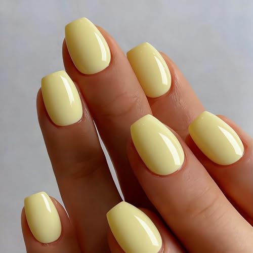 Pastel Yellow Press On Nails Short Square, Short Coffin Fake Nail...