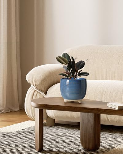LE TAUCI Pot de Fleurs en Céramique, Pots sur Pieds 13+16 cm pour Plantes, Moderne pour la Maison et Le Bureau, Pot d’Intérieur avec Trou de Drainage, Bleu à Émail Réactif – Image 3
