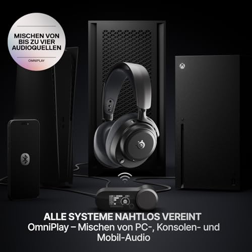 SteelSeries Arctis Nova Pro Omni – Hi‑Res-Wireless Gaming-Headset, 96 kHz/24 Bit, ANC, ClearCast Pro-Mic, KI-Geräuschunterdrückung, Mobile App, Mix 2,4 GHz + BT, OmniPlay PC+PS+Xbox – Graphit