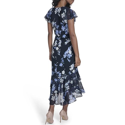 Image of Tommy Hilfiger Women's Flutter Sleeve V-Neck Ruffle Trim Hi-Lo Midi Dress