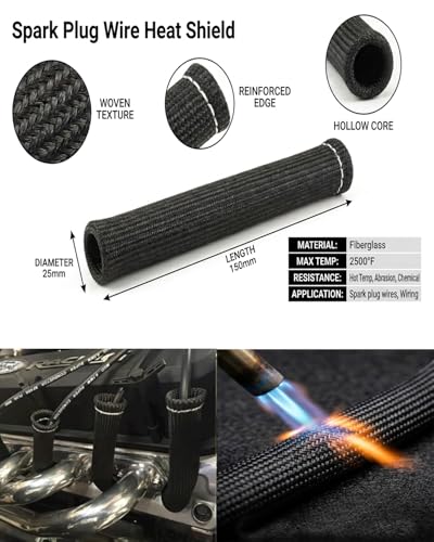 Image of Spark Plug Wire Boots Protector - 8 PCS 2500 Spark Plug Heat Sleeve, 6 Inches Spark Plug Wire Heat Shield Protection Cover Replacement for LS1 / LS2 SBC BBC 350 454 Car Truck, Black