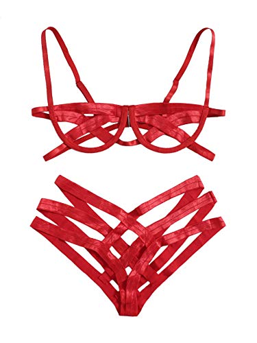 SheIn Women's Sexy Ladder Cut Out Lingerie Set Push Up Two Piece Bra and Panty Red X-Large