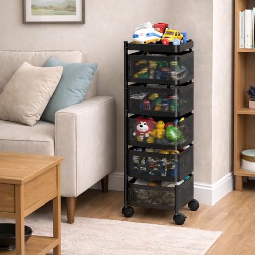 Image of RADIANT 5 Layer Multipurpose Plastic Trolley with Dish Rack for Kitchen Fruit Vegetable Storage Basket Kitchenware Food, Snacks, Toys, Tiered Shelf (Black) (Square Trolley - 5 Layer)