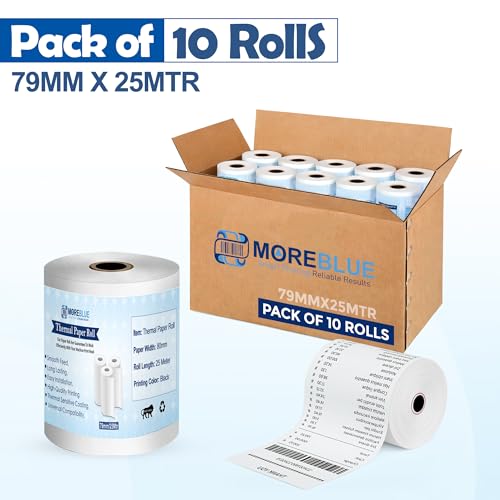 Image of MOREBLUE 79mm x 25m Thermal Receipt Paper Rolls Pack of 10, Premium POS Billing Paper for Credit Card Machines & Petrol Pumps