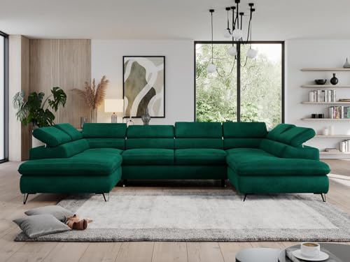 MKS MEBLE Sofa U, Wohnlandschaft U-Form, Ecksofa mit Schlaffunktion und Bettkasten, Schlafsofa mit Bettkasten, Couch mit Verstellbare Kopfstützen - Pedro U - Grün Velvet Hydrophob