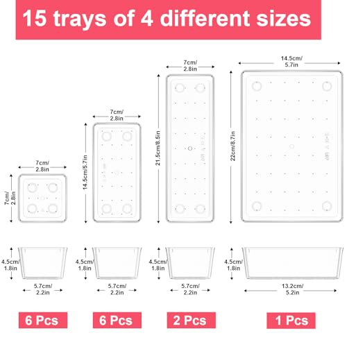 15 Piece Clear Plastic Drawer Organizers Set - 4 Sizes Bathroom & Dresser Storage Bins, Stackable Kitchen Desk Organizer Trays for Makeup, Jewelry, Utensils, Junk, Gadgets - Image 3