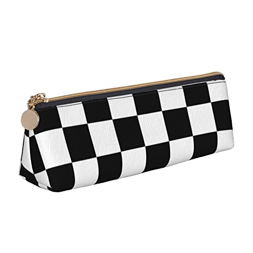 Image of Black White Race Checkered Flag Pattern Leather Pencil Case Zipper Pen Makeup Cosmetic Holder Pouch Stationery Bag for School, Work, Office