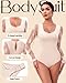Awffni Long Sleeve Body Suits Womens Thong Double Lined Round Neck Lace Bodysuit For Women(P002L-Skin Bodysuit)