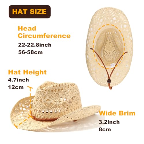 Image of DRESHOW Straw Cowboy Cowgirl Hat for Women Men Western Coastal Cowboy Beach Hat with Shapeable Brim Unisex Rolled up Caps