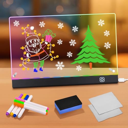 Pizarra LED Acrílica Borrable 32x21cm con 7 Bolígrafos Neón Tablero de Notas LED Iluminado con Soporte de Metal Regalo Creativo para Casa Oficina Niños