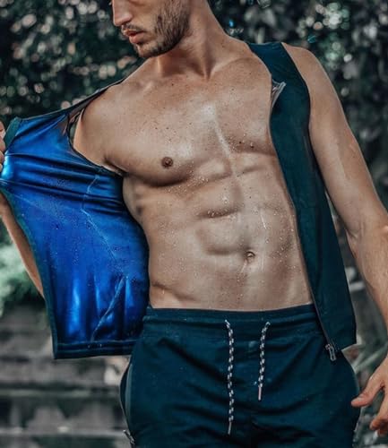 BXVX Colete masculino para treino de sauna e cintura com zíper, Azul, P-M