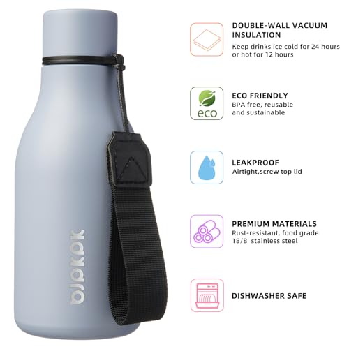 Image of BJPKPK Insulated Water Bottles, 12oz Stainless Steel Metal Water Bottle with Strap, BPA Free Leak Proof Jugs, Mugs, Flasks, Reusable Thermal Flasks for Sports & Travel, Mist Grey