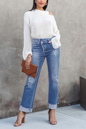 Womens Denim Cargo Pants Flap Pocket High Waisted Stretchy Straight Wide Leg Jeans3