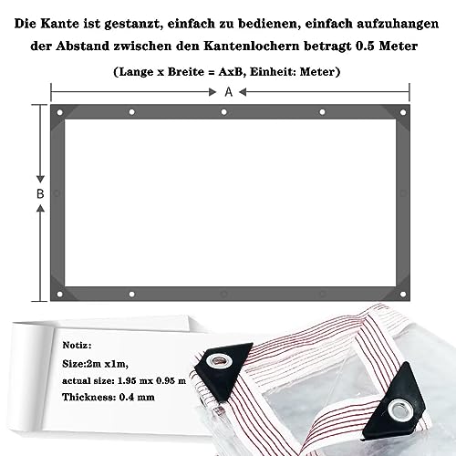 BCBIG Plane Transparent mit ösen wasserdichte Durchsichtig Abdeckplane PVC 420 g/m² Für Pavillon, Balkon, Balkonmöbel,Gartenmöbel. mit Seil 2x1m