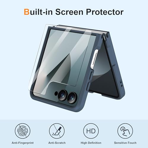 Image of ORETECH Magnetic for Samsung Galaxy Z Flip 7 Case, with [2 x Screen Protector] Translucent Back Non-Slip Hard PC Shockproof Bumper Protective Case for Samsung Z Flip 7 - Navy Blue