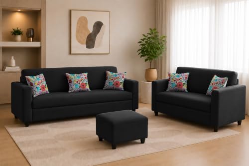 Image of Rosebell 3+2 Fabric Sofa Set with Ottoman | Premium Upholstery 5-Seater Sofa | with Printed Cushions | Living Room Furniture |Black-Color