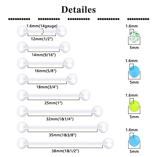 QWALIT 14g Plastic Industrial Barbell Earrings Pregnancy Belly Button Ring Nipple Tongue Rook Eyebrow Piercing Retainer Flexible Clear Curved Barbell Replacement Balls for Work Surgery2