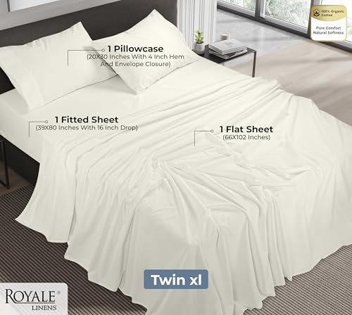 Image of ROYALE LINENS 100% Organic Cotton Twin XL Sheet Set - Percale Weave - 3 Pieces Set - 1 Flat, 1 Deep Pocket Fitted Sheet and 1 Pillowcases - Ivory Bed Sheets - Sabanas Twin XL - Crisp Cool (Ivory)