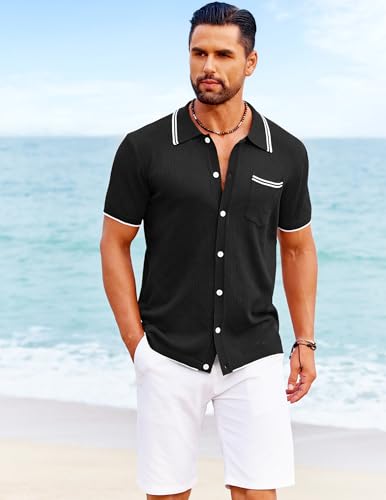 COOFANDY Men's Knit Button Down Shirt Vintage Polo Shirts Short Sleeve Summer Beach Shirts2
