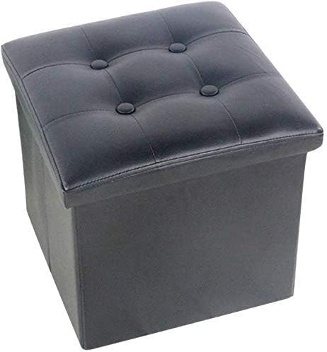 Pouf de rangement pliable noir en similicuir | Tabouret cube coffre gain de place pour salon