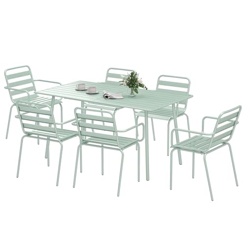 Outsunny Salon de Jardin extérieur Ensemble Salle à Manger de Jardin 7 pièces avec 1 Table et 6 chaises empilables en Acier Vert Clair